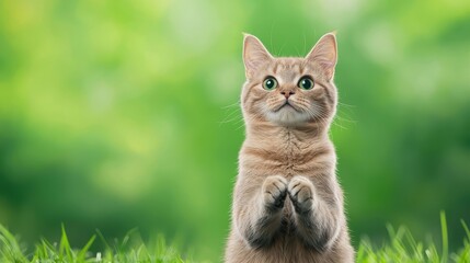 Playful tabby kitten sitting on grass with paws raised in begging pose and bright green background