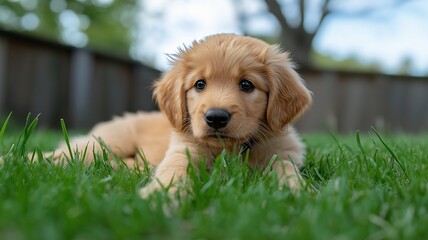 Adorable Golden Retriever Puppy Playing in Grassy Backyard Under a Bright Blue Sky, Capturing the Joy and Innocence of Youthful Playfulness