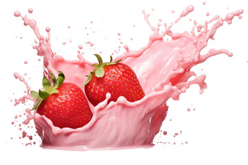 Topping fruit strawberry strawberries splashing dropping onto milk melted gelato yoghurt ice cream on transparent background