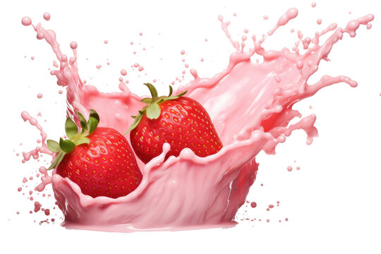 Topping fruit strawberry strawberries splashing dropping onto milk melted gelato yoghurt ice cream on transparent background