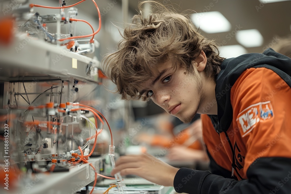Poster diverse students collaborating in high-tech laboratory experiments