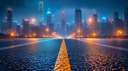 Obraz premium Rainy night cityscape view from empty highway.