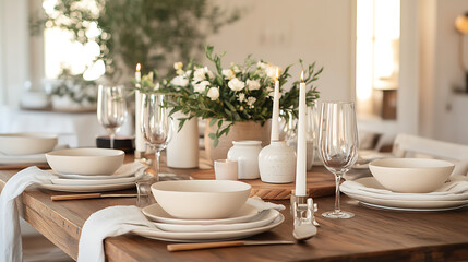 beautifully styled wooden table set for dinner party, featuring elegant tableware, fresh flowers, and soft lighting, creating warm and inviting atmosphere