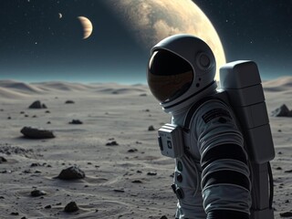 Fototapeta premium A male astronaut in a futuristic spacesuit exploring the barren surface of a distant planet in outer space, with his helmet reflecting the surrounding celestial objects, barren, astronaut
