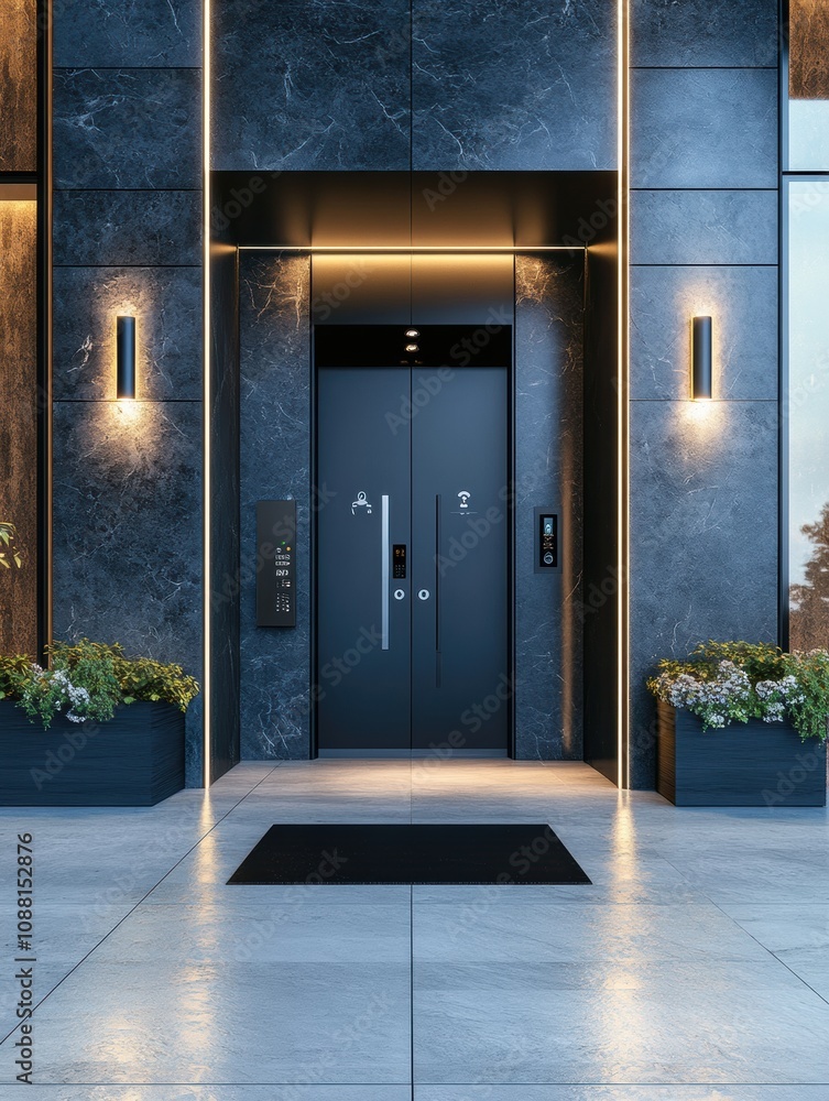 Poster This entrance showcases a contemporary design with smart security features including cameras, motion sensors, and a biometric lock. Generative AI