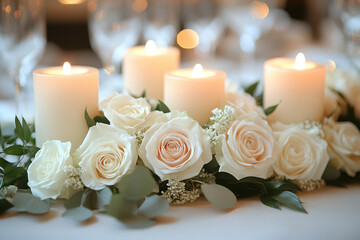 Obraz premium Elegant candle centerpieces adorned with white roses and greenery create romantic atmosphere for any event. soft glow of candles enhances beauty of floral arrangement