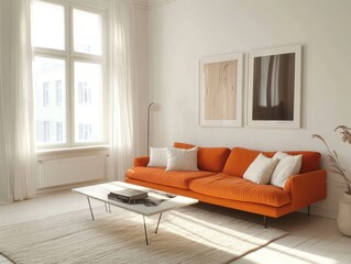 Bright Living Room with Orange Sofa and Artwork