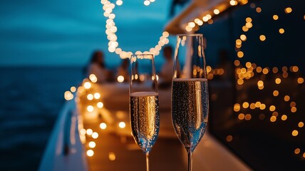 Elegant yacht party under the stars with glowing lights, champagne glasses, and a serene ocean backdrop creating a luxurious and enchanting atmosphere for an unforgettable evening.