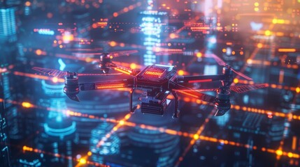 Obraz premium Red and black drone hovering over a futuristic city with digital data and neon lights, showcasing the integration of technology and urban environments