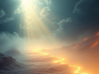 A mystical path leading towards a radiant horizon symbolizing adventure and the journey to an unknown realm, generative, light