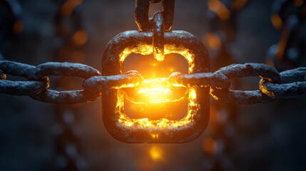 heavy, ominous lock and chain glowing with intense light, symbolizing strength and security. intricate details of rusted metal add to dramatic effect