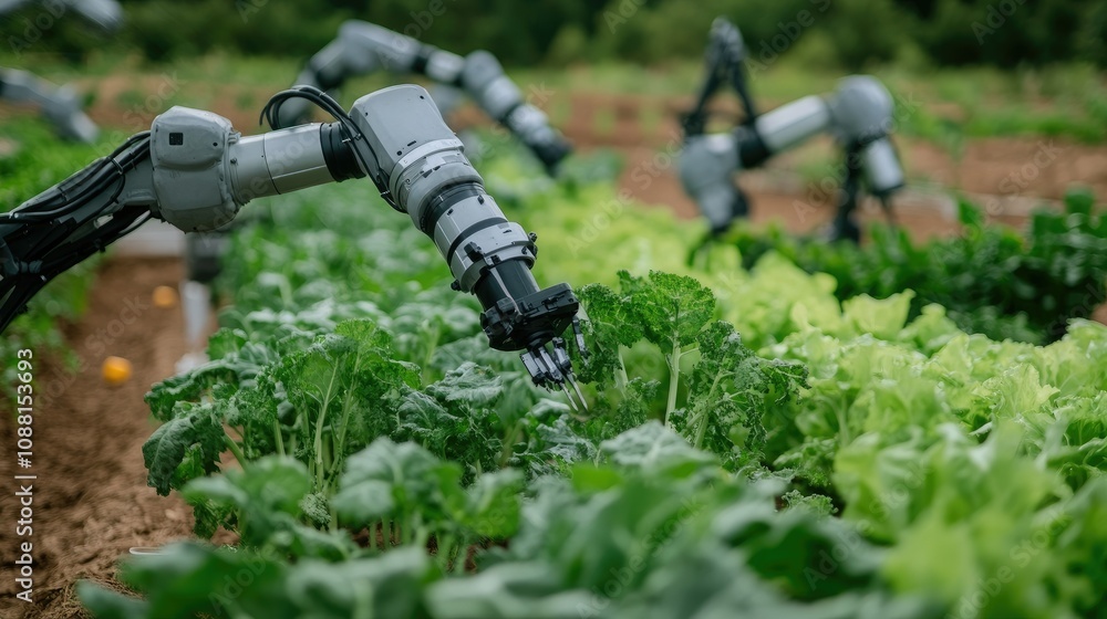 Poster close-up of robotic arms in a vegetable field, performing automated harvesting tasks with precision.