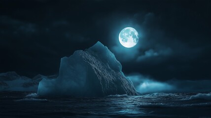 A Majestic Iceberg Glowing Faintly Under a Bright Moonlit Sky, Surrounded by Gentle Waves in a Tranquil Ocean Scene at Night