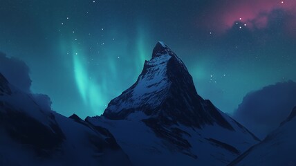 Majestic Isolated Mountain Peak Under a Star-Filled Sky with a Touch of the Aurora Borealis, Perfect for Nature and Adventure Themes