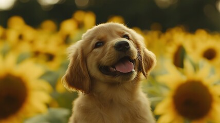 Playful Golden Retriever Puppy in a Vibrant Sunflower Field, Capturing the Joy of Nature and Innocence on a Bright Sunny Day