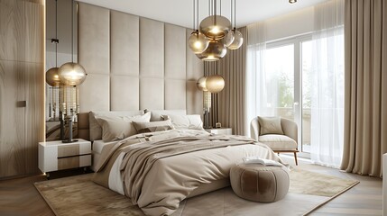 Fototapeta premium Interior of stylish bedroom with neutral tones, cozy bedding, and stylish pendant lights