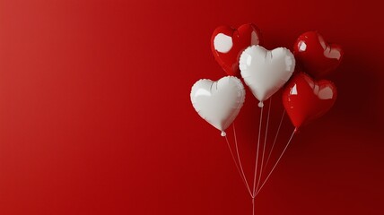Floating Heart Balloons in Shades of Red Against a Bold Red Background, Perfect for Romantic Themes and Celebratory Events, Evoking Love and Joyful Emotions