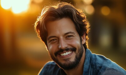 Joyful Man with Charming Smile in a Serene Outdoor Setting Surrounded by Soft Natural Light, Captured During Golden Hour for Welcoming Atmosphere