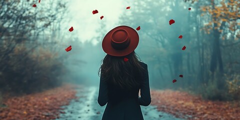 Fototapeta premium Woman in Red Hat Walking in Autumn Forest