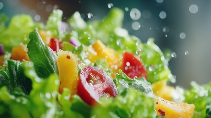 Freshly Prepared Healthy Salad with a Variety of Colorful Vegetables, Drizzled with Water Droplets for a Refreshing Look and Nutritional Appeal