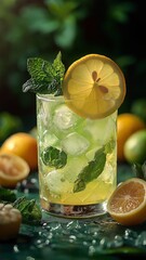Refreshing Green Lemonade with Mint and Lemon Slices Served Over Ice in a Natural Green Background for a Bright and Inviting Summer Vibe