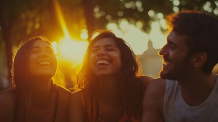 Friends from Various Backgrounds Enjoying Laughter Together in a Park at Sunset, Capturing the Joy of Friendship and Shared Moments in a Natural Setting