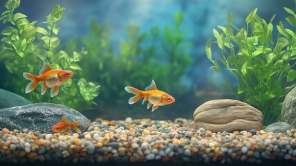 A Beautiful Underwater Scene Featuring Colorful Goldfish Swimming Gracefully in a Clean Aquarium Surrounded by Lush Green Aquatic Plants and Natural Stones