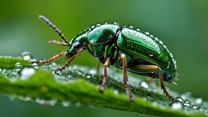 Fototapeta premium a metallic green beetle resting on a dewy leaf, perfect for macro nature themes.