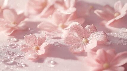 Delicate Pink Petals with Dewdrops Scattered Over a Soft Surface Creating an Ethereal and Serene Atmosphere of Nature's Beauty