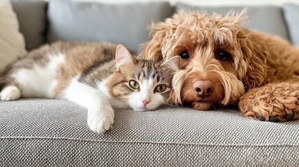 Adorable Dog and Cat Cuddling Together on Couch, Showcasing Harmony and Friendship in a Cozy Indoor Setting