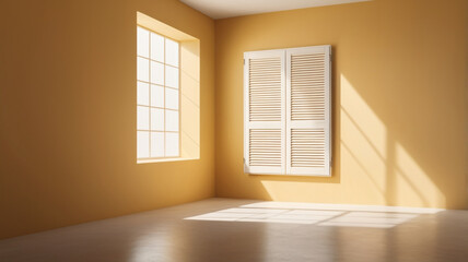 A minimalist, sunlit wall with a warm yellow tone, featuring a single white-framed window with open shutters casting long, soft shadows