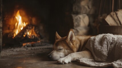 Cozy Dog Sleeping Comfortably Next to a Warm Fireplace in a Rustic Setting Captured in a Serene Moment of Relaxation and Tranquility