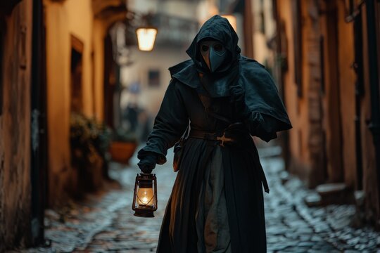 Plague doctor walks through medieval town holding lantern during bubonic plague outbreak in the 14th century