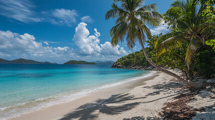 A tranquil tropical beach with pristine white sand, crystal-clear turquoise waters, and swaying palm trees under a bright blue sky 