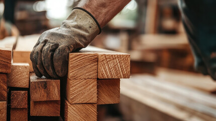 Handling timber with gloved hand, showcasing wooden blocks in workshop. focus is on craftsmanship and texture of wood, creating sense of industriousness