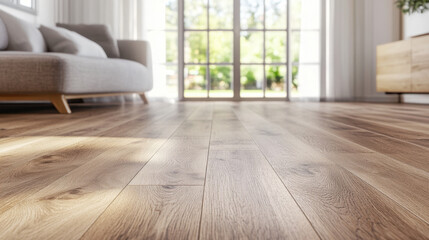 spacious room with white walls and oak laminate flooring, featuring cozy sofa and large windows that let in natural light, creating warm and inviting atmosphere
