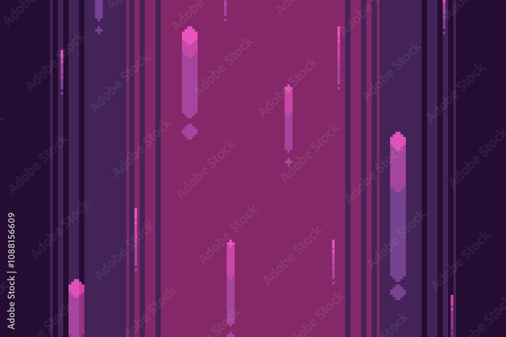 Poster dark purple speed line effect in flowing up way background, pixel art style