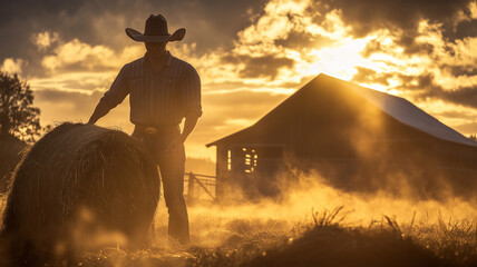 Cowboy Stands Beside Hay Bale at Sunrise on Farm, Golden Morning Light Casting Dramatic Shadows Against Barn and Misty Atmosphere. Image made using Generative AI