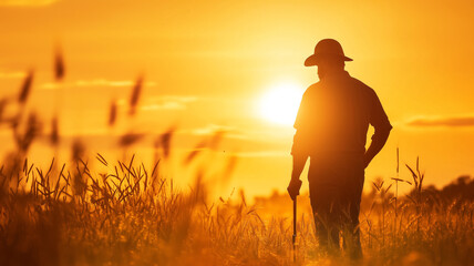 Farmer Silhouette in Golden Sunset Field, Standing Peacefully Amid Tall Grass and Warm Light. Image made using Generative AI.