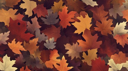 Fototapeta premium 72.An autumn leaf background design featuring a collection of flat, illustrated leaves in earthy tones of rust, ochre, and burgundy. The leaves are arranged in a seamless pattern, each leaf type with