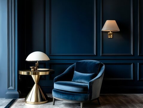 Elegant Blue Velvet Armchair Corner Interior Design