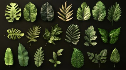 Fototapeta premium 69.A collection of fresh foliage elements, showcasing the richness of green hues in various leaf designs. The leaves, each detailed with fine textures and veins, evoke a sense of freshness and