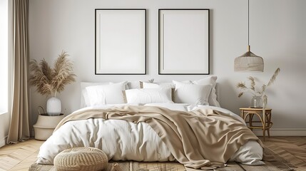 Luxury bedroom interior with two frame mockup, comfortable bed, plants on white wall background