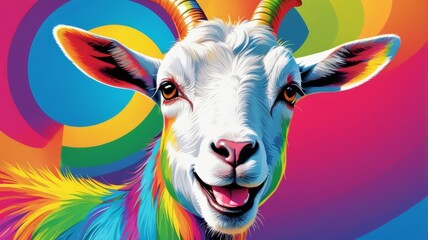 A vibrant goat stands against a rainbow backdrop, showcasing a blend of colors and a lively atmosphere.