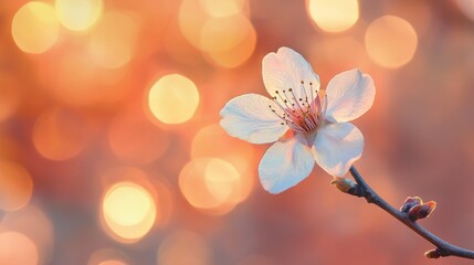 49.A crisp close-up of a flower on a branch, with the foreground bathed in soft, golden lights. The background fades into a hazy bokeh of warm, blurred lights, giving the image an intimate, calm, and