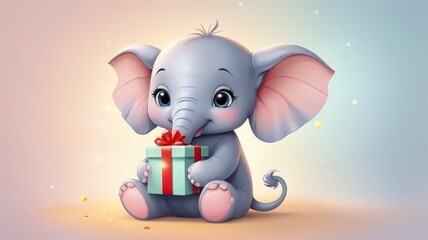 An elephant gently holds a colorful gift box with its trunk, showcasing a playful and festive scene.