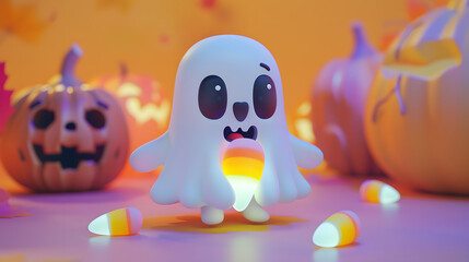 Obraz premium Character cute ghost carrying candy 3D