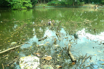 Photo of a polluted river full of plastic and bottle waste. The lake is dirty with community waste