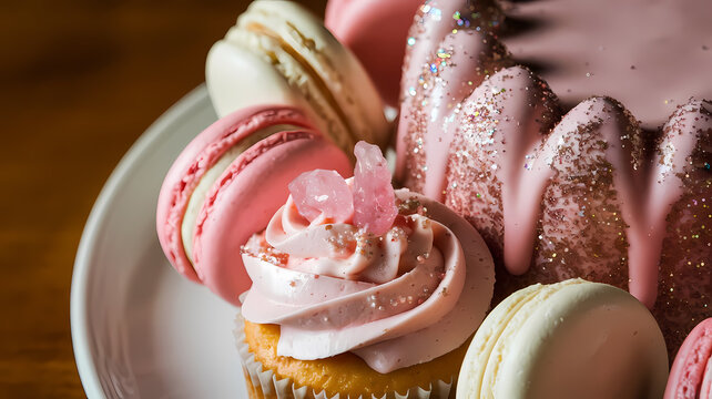 Pink frosted cupcake topped with a candy, surrounded by macarons on a white plate, showcasing a decorative cake.