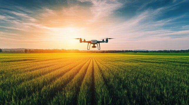 A high-tech AI-powered smart agricultural drone for crop monitoring, modern farm field with drones designed for analyzing crop health and optimizing agricultural practices, Crop Monitoring style